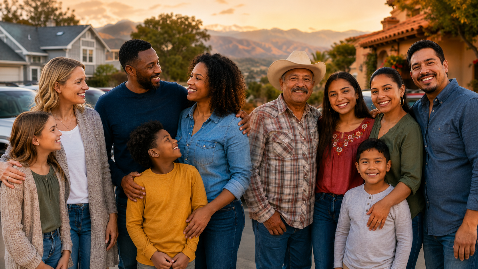 Warm community family banner showing an American blended family on one side and a Mexican family on the other